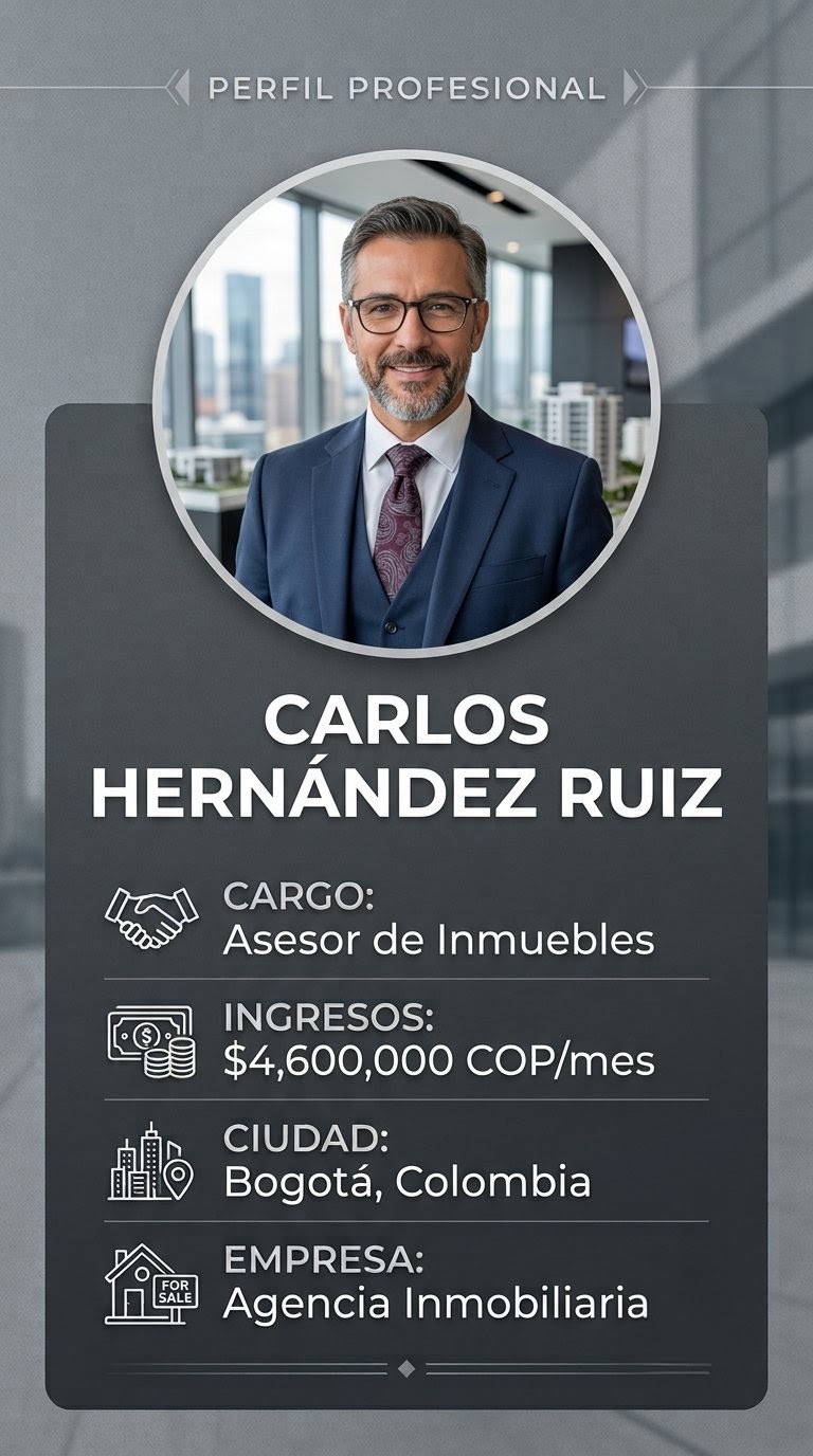 Perfil profesional de fiador: Carlos Hernández Ruiz, Asesor de Inmuebles en Bogotá