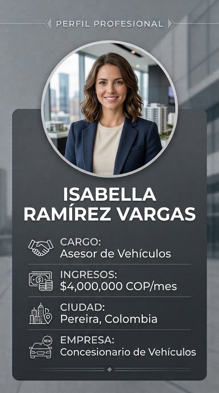 Perfil profesional de fiador: Isabella Ramírez Vargas, Asesora de Vehículos en Pereira