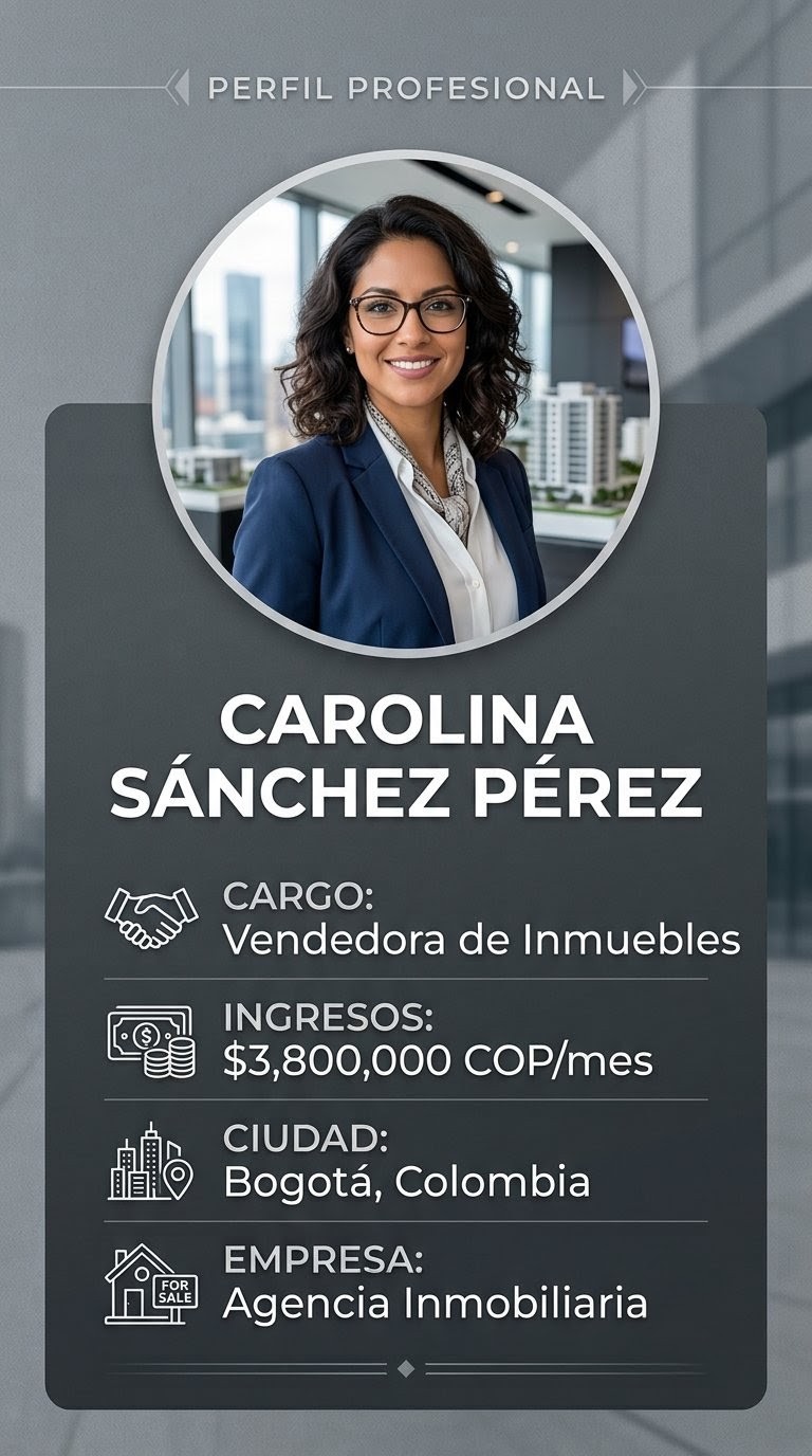 Perfil profesional de fiador: Carolina Sánchez Pérez, Vendedora de Inmuebles en Bogotá