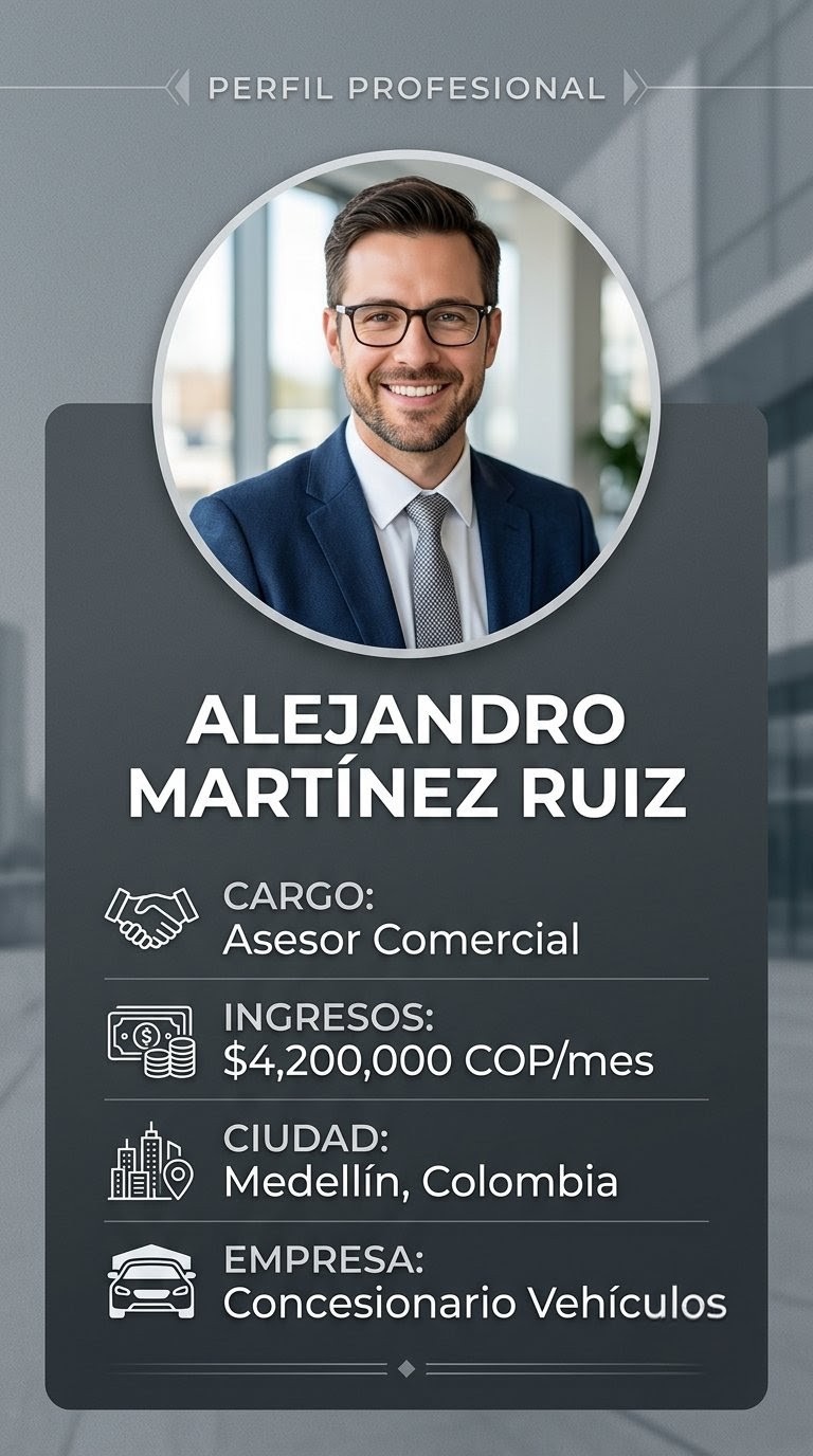 Perfil profesional de fiador: Alejandro Martínez Ruiz, Asesor Comercial en Medellín