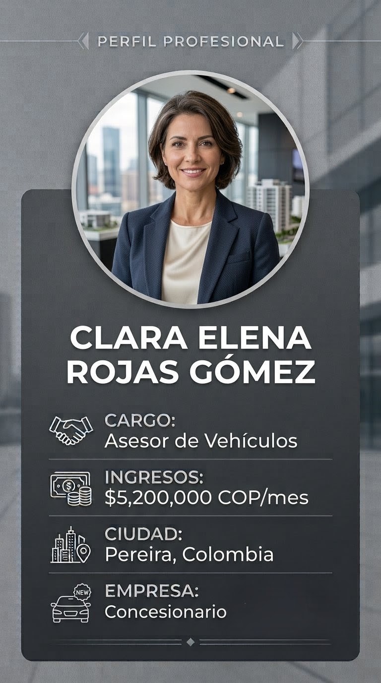 Perfil profesional de fiador: Clara Elena Rojas Gómez, Asesora de Vehículos en Pereira